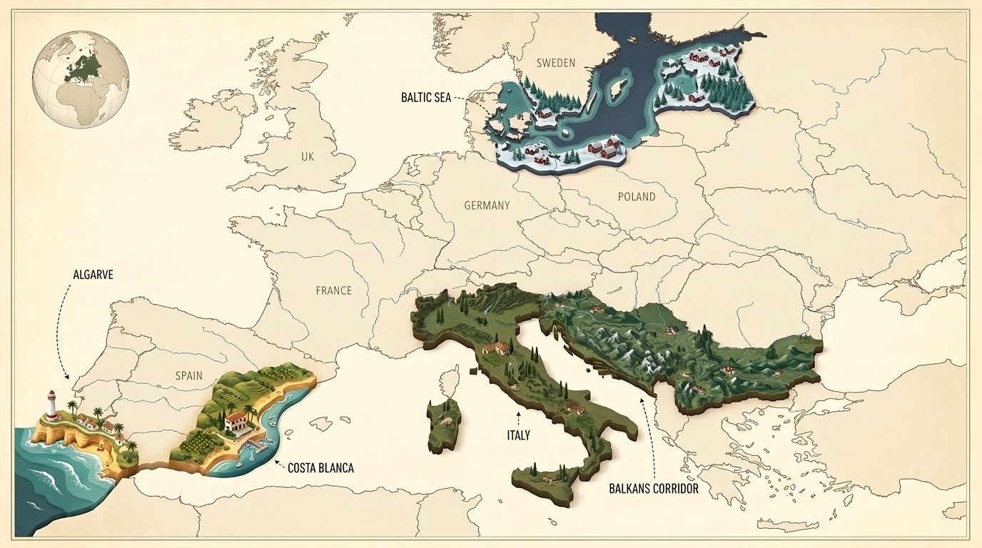 Editorial map of Europe with the five Coliving Europe regions drawn as isometric relief and named