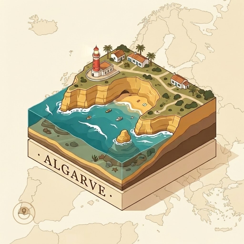 Algarve cartographic isometric pedestal illustration with European map indicator