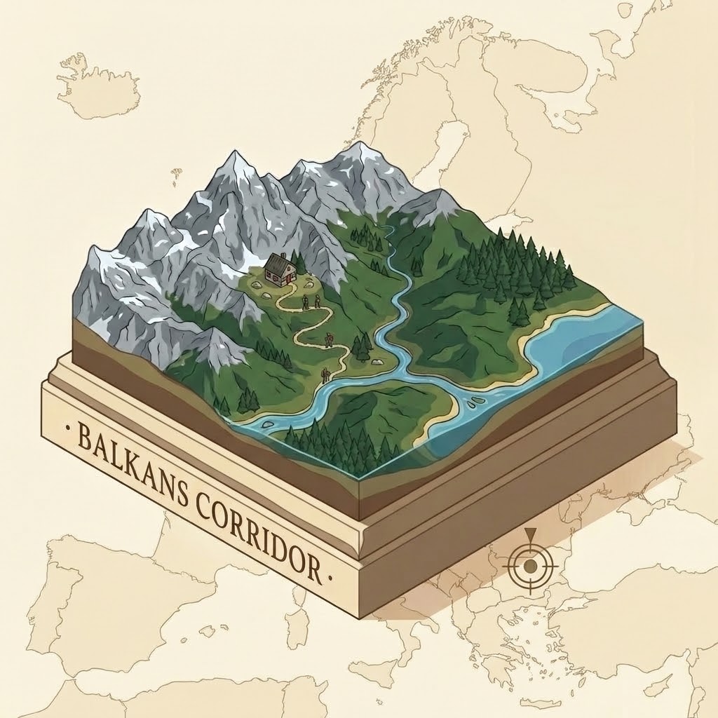 Balkans Corridor cartographic isometric pedestal illustration with European map indicator