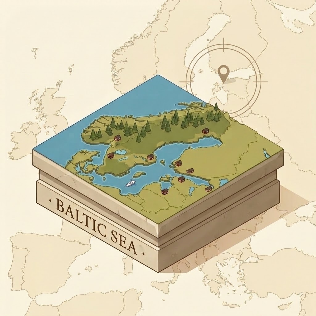 Baltic Sea cartographic isometric pedestal illustration with European map indicator